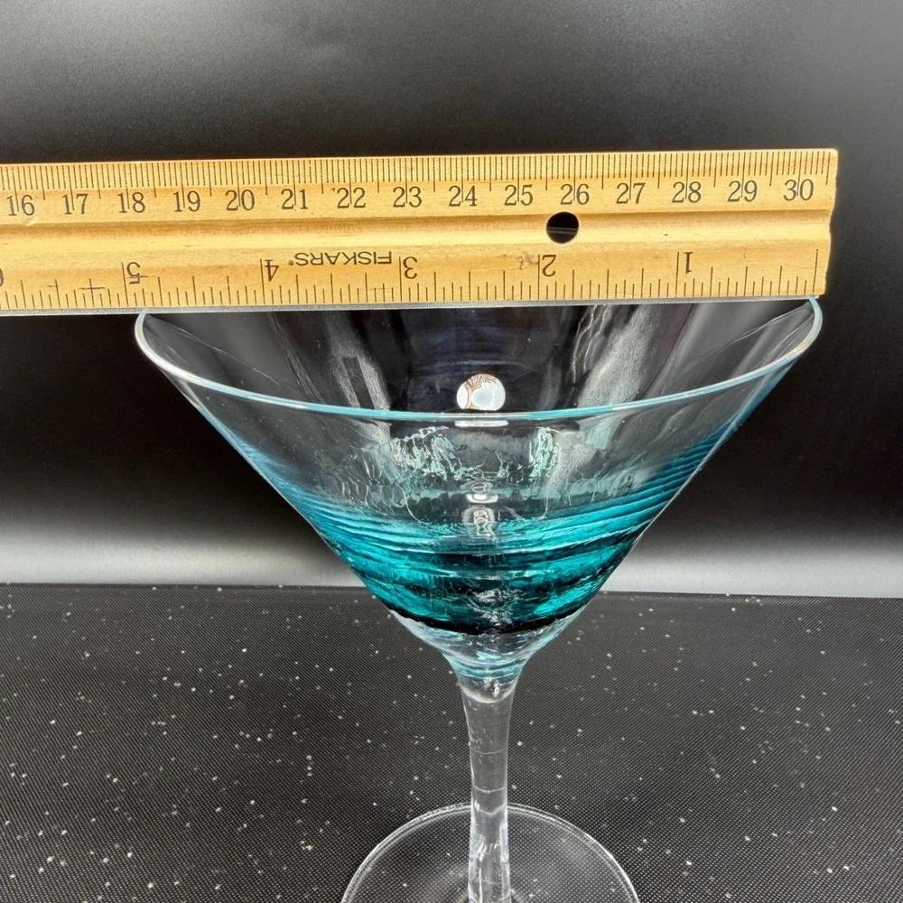Pier 1 Teal Blue Crackle‎ Glass Martini Glasses Cocktail Stemware Cups Set of 2